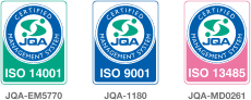 ISO 14001（JQA-EM5770）、ISO 9001（JQA-1180）、ISO 13485（JQA-MD0261）